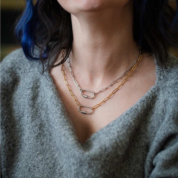 Mixed metal gold or silver paperclip silver carabiner necklace - Picture 1 of 7